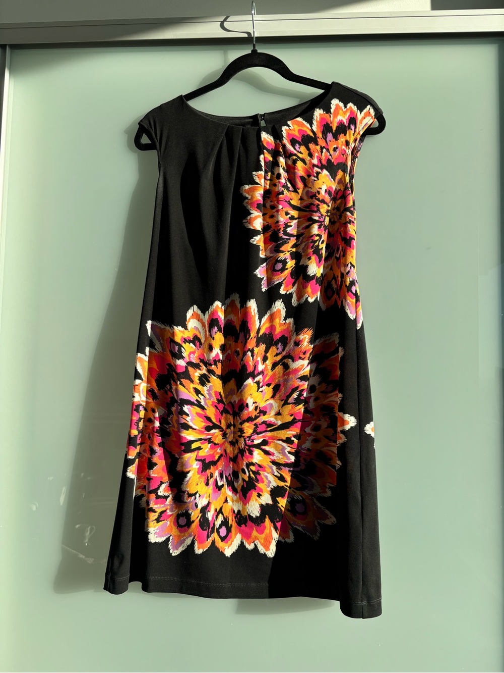 Black Floral Burst Mini Dress with Vibrant Print